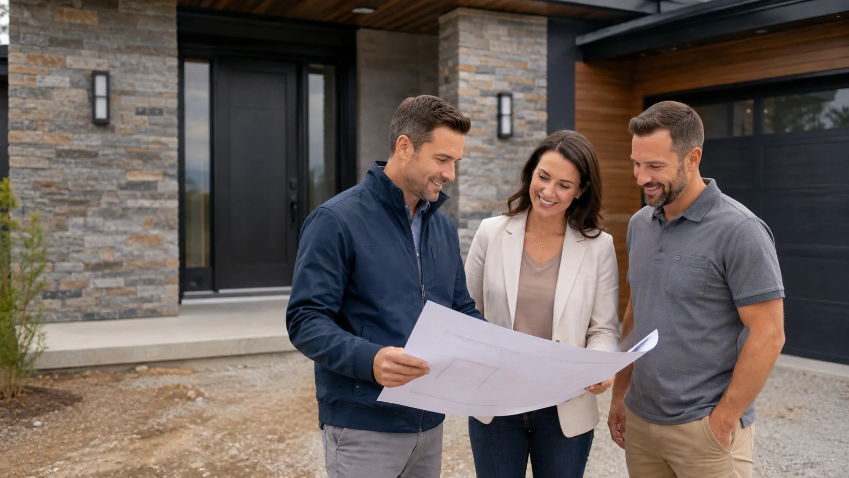 Construction professionals reviewing plans at a development project